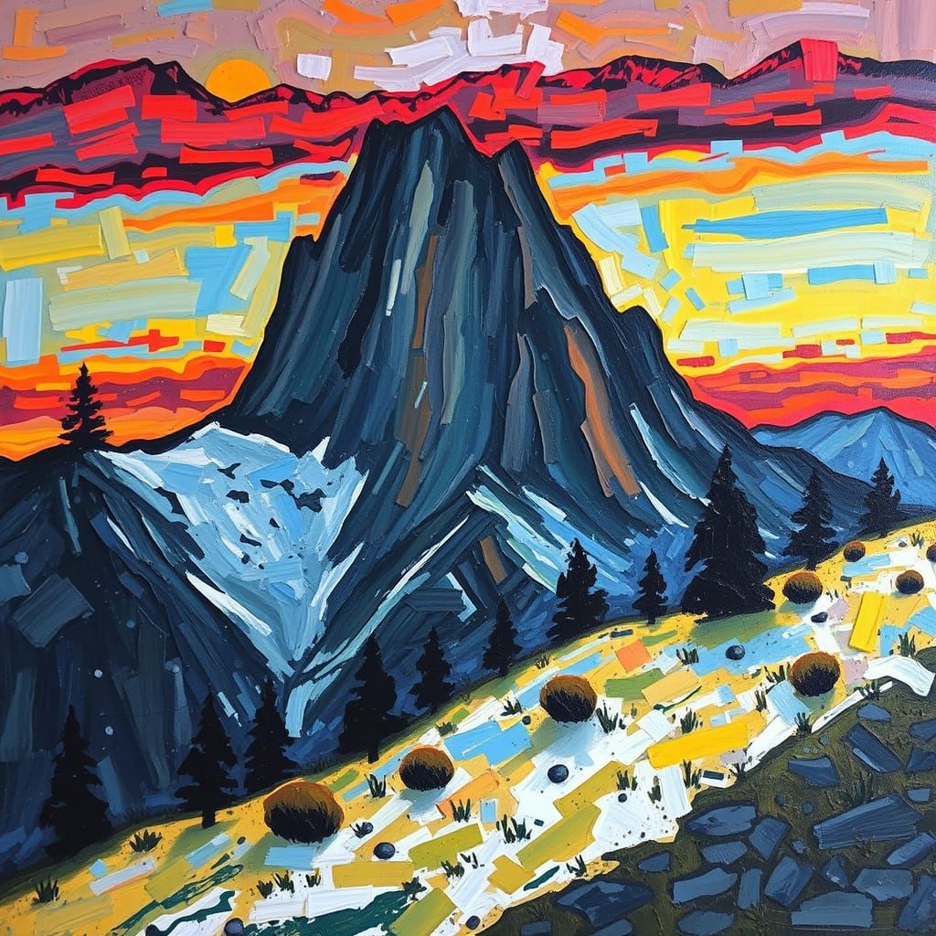 Abstract Mountain Sunset: Expressionist Painting