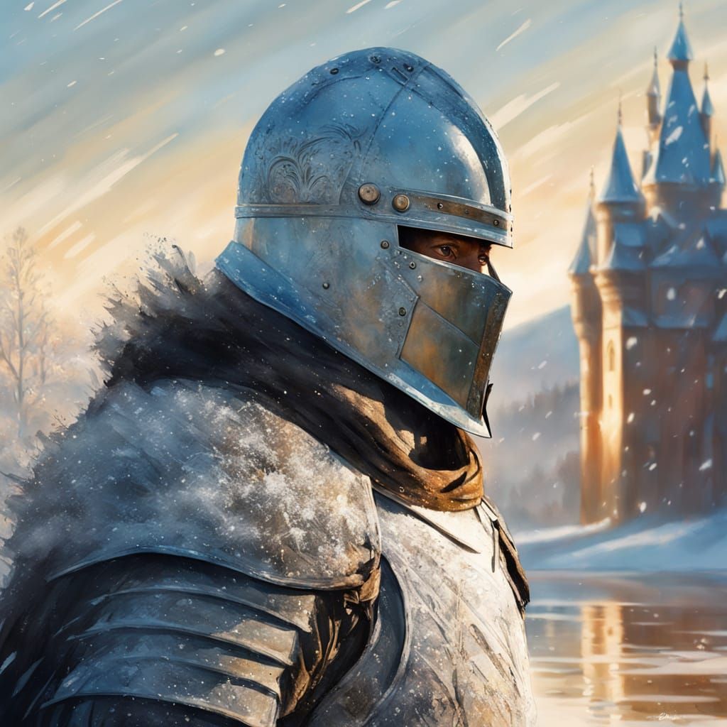 Ethereal Frost Knight in Snowy Castle Courtyard