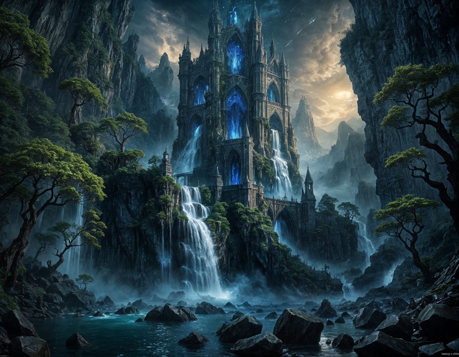 Gothic Waterfall with Gargoyles in a Medieval Fantasy