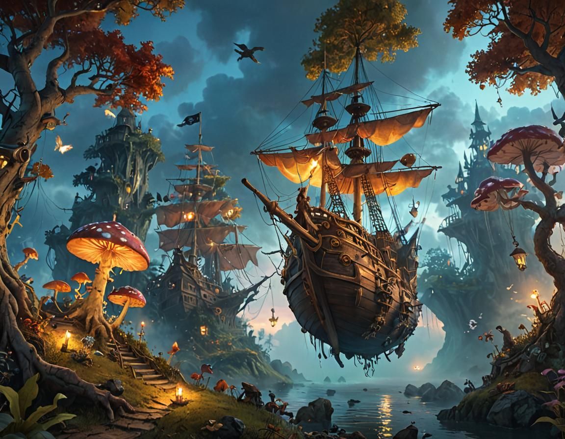 Flying Pirate Ship in Dreamlike Fantasy Landscape
