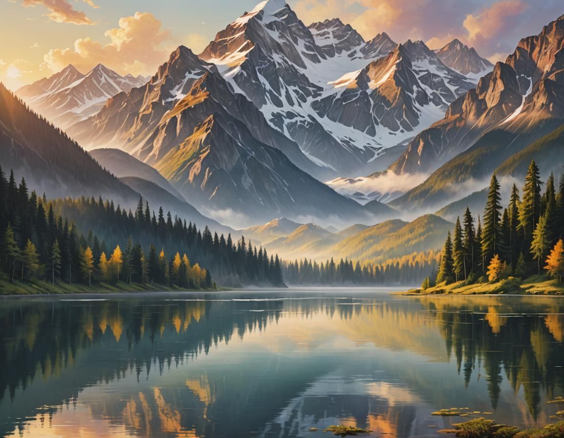 Majestic Mountain Range at Sunrise as Oil Painting