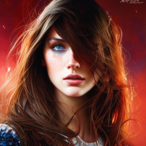 Freckled Brunette Portrait with Ink Splashes, Digital Art