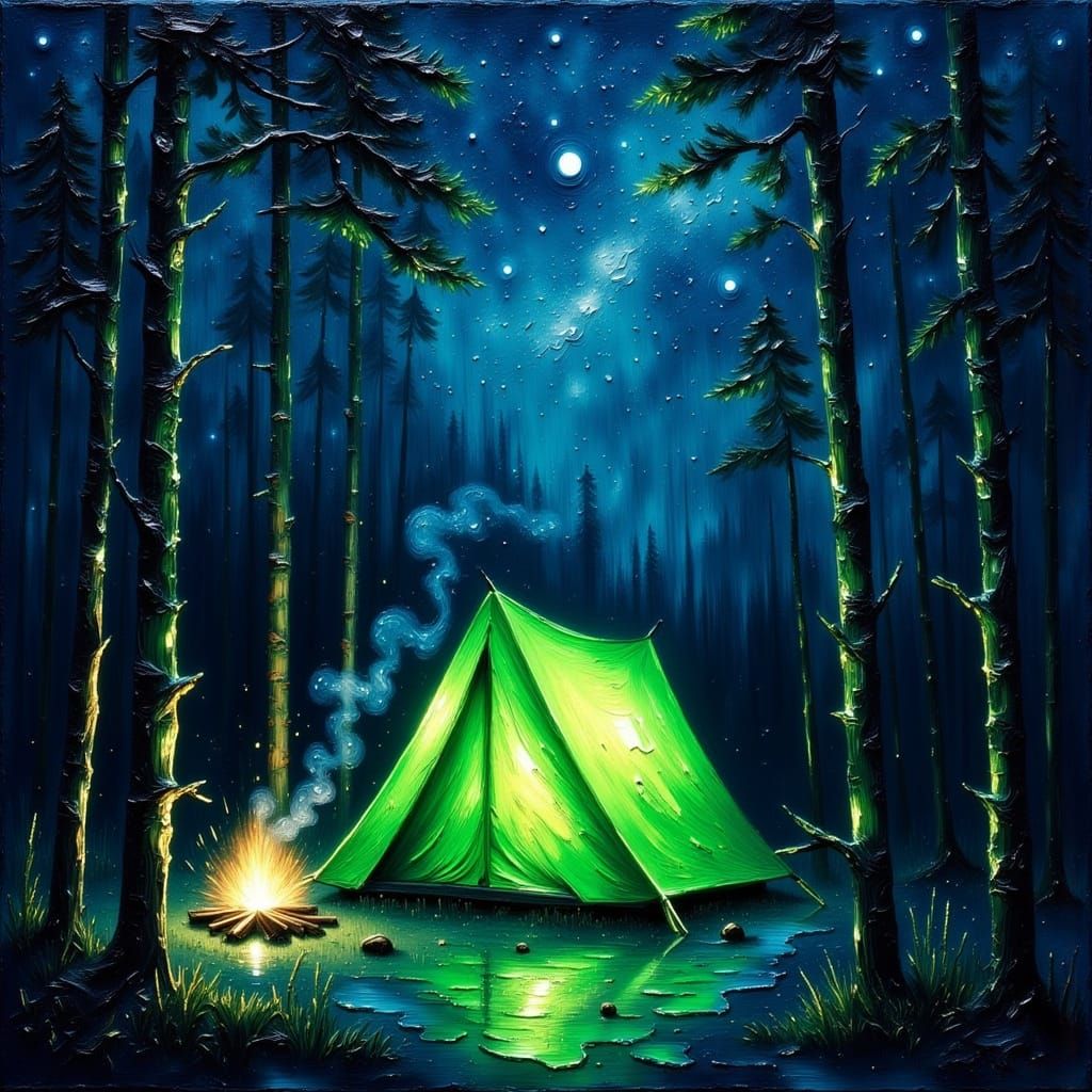 Neon Camping Scene in Dreamy Forest
