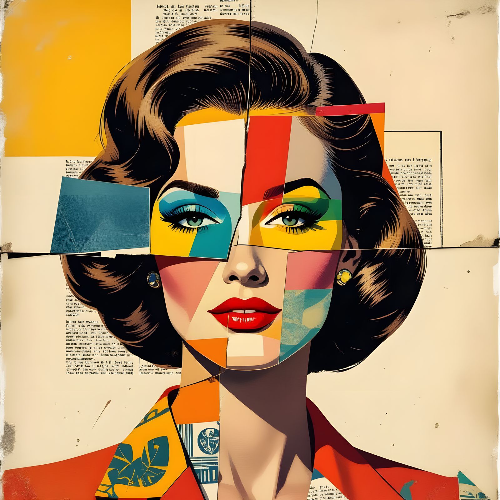 Mid-Century Modern Collage Art: Woman's Head from Mixed Medi...