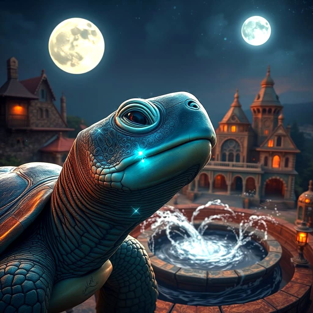 Tortoise Gazing at Moonlit Village, Detailed Digital Art