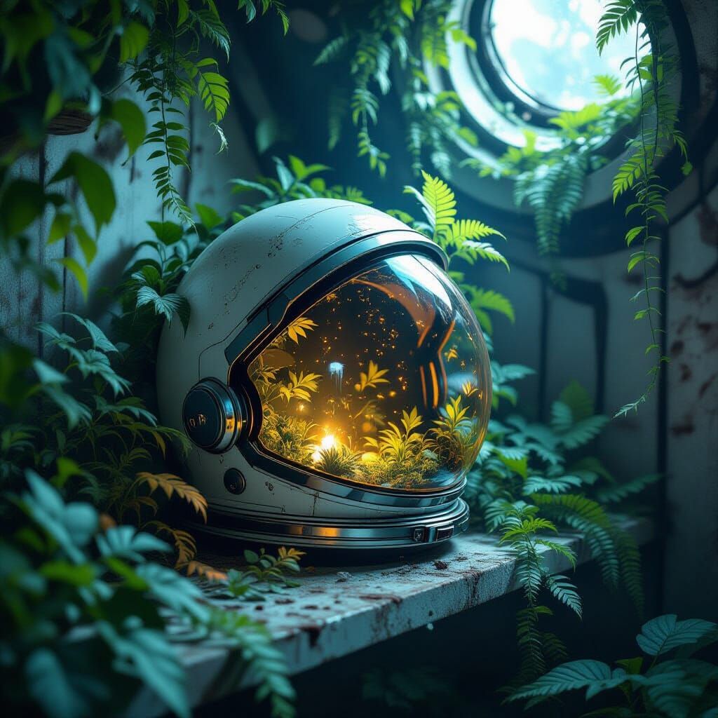 Lush Plants Growing in Astronaut Helmet