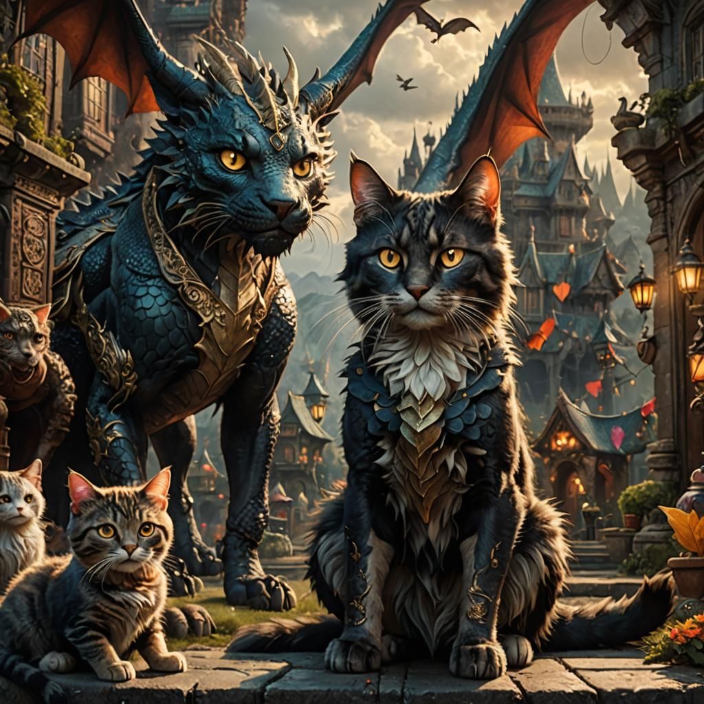 Epic Cat, Dragon, Fairy, and Dog Painting