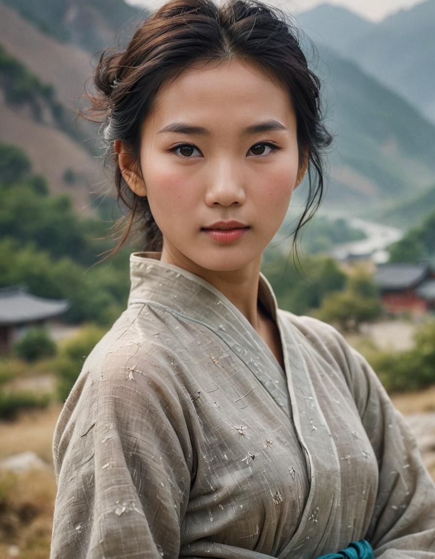 Chinese Beauty Portrait with Mountain Scenery