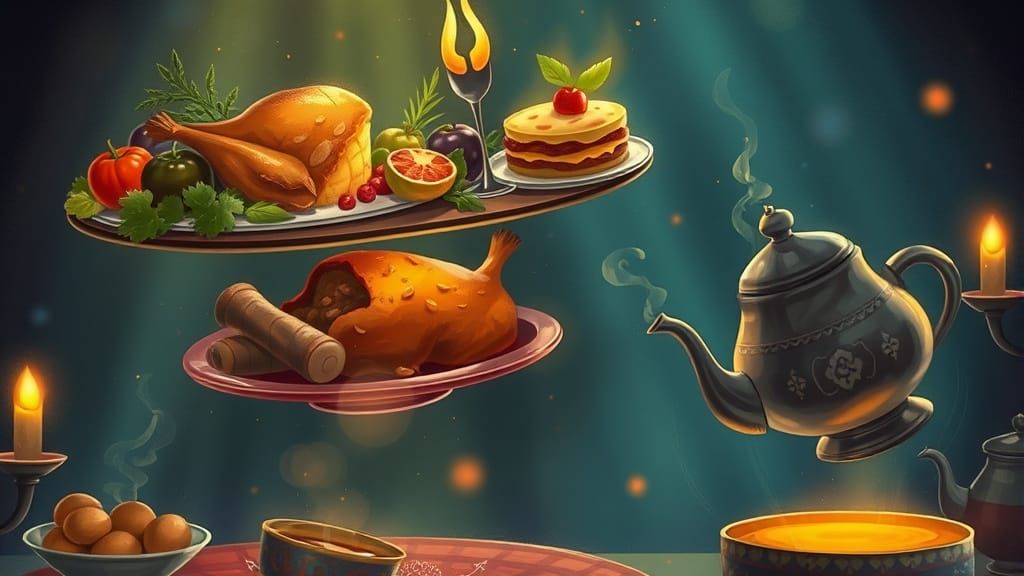 Whimsical Levitating Feast in Dreamlike Fantasy Style