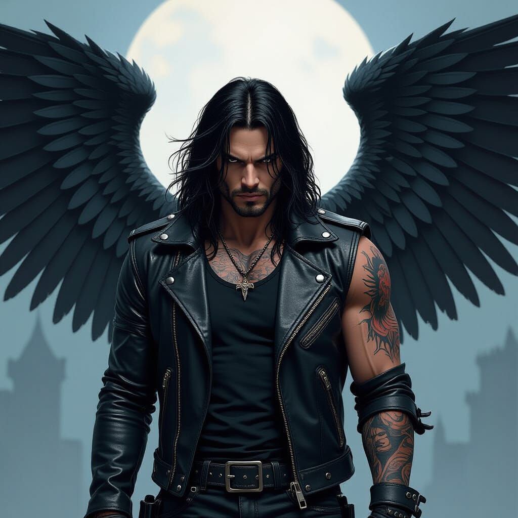 Dark Winged Death Angel Flash Tattoo in Noir Style