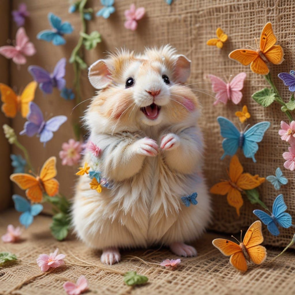 Whimsical Hamster Reaching for Butterflies: 3D Appliqué