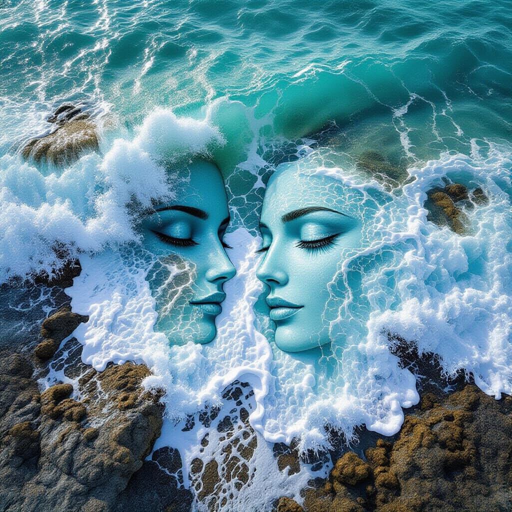 Feminine Faces Emerge in Crashing Ocean Waves
