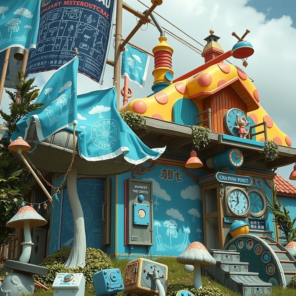 Whimsical Chewing Gum Cabin Amidst Vibrant Mushroom Forest
