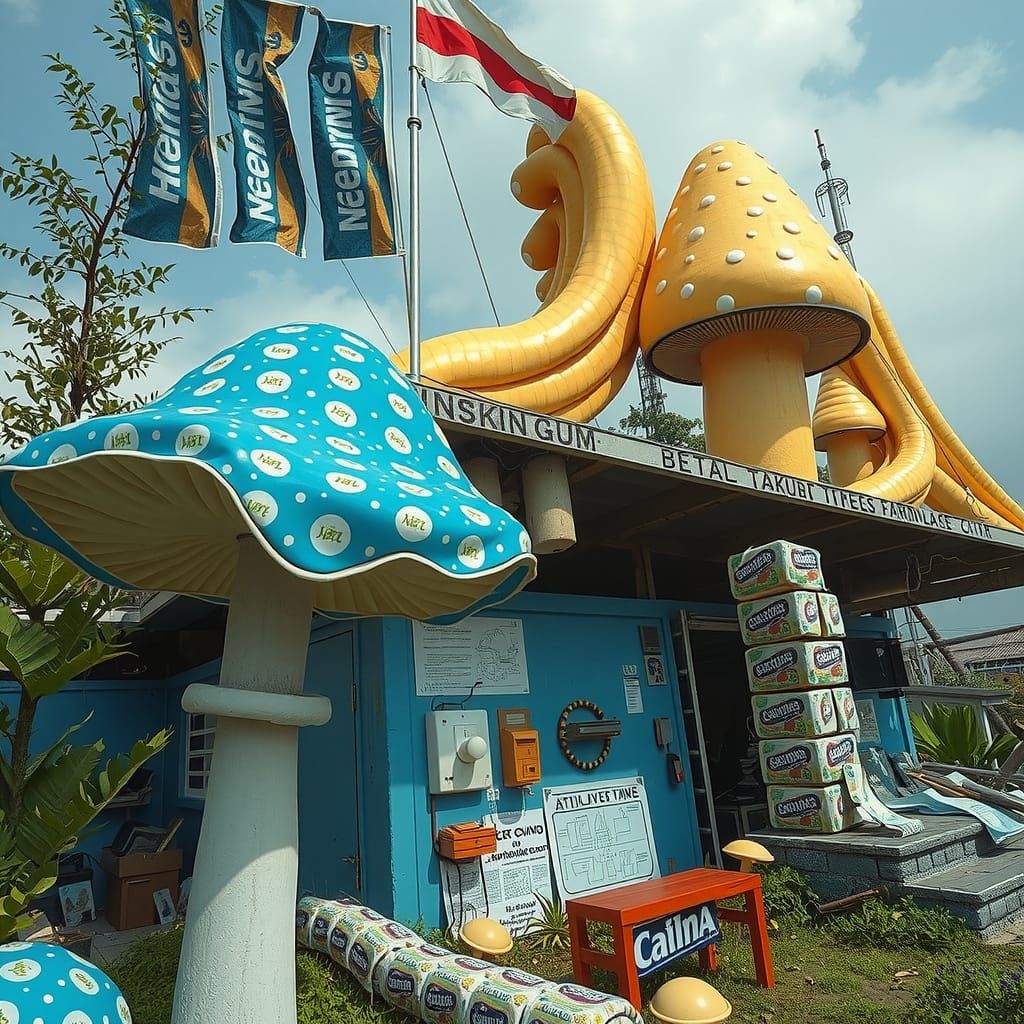 Vibrant Surreal Scene of Mushroom Flags and Industrial Playf...