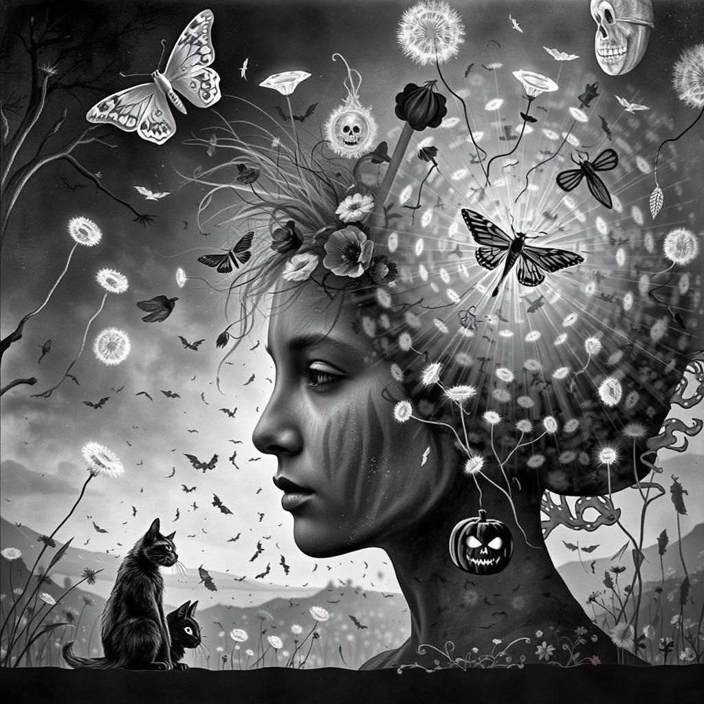 surreal autumn , ghostly Halloween , highly detailed drawing a sugar skull death moth,
black cat, Jack O lanter...