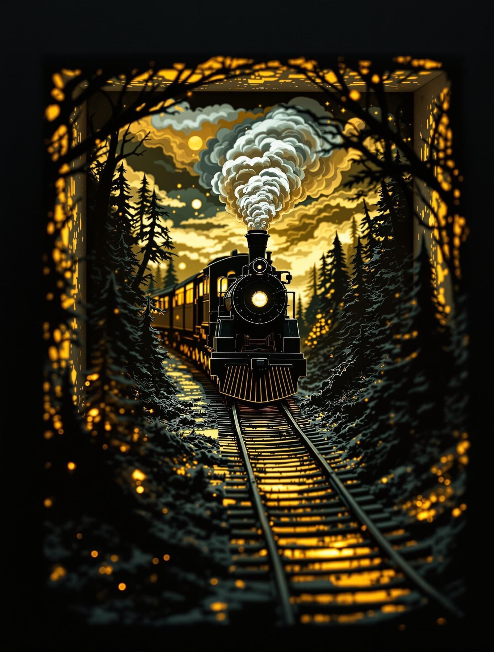 Intricately Detailed Grisaille Train in Shadowbox Diorama