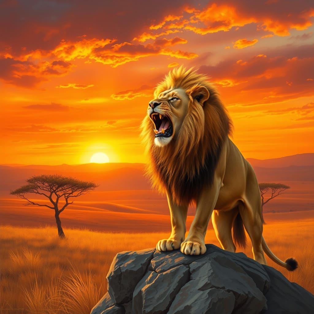 Golden Lion Roars Amidst Sunset Savannah