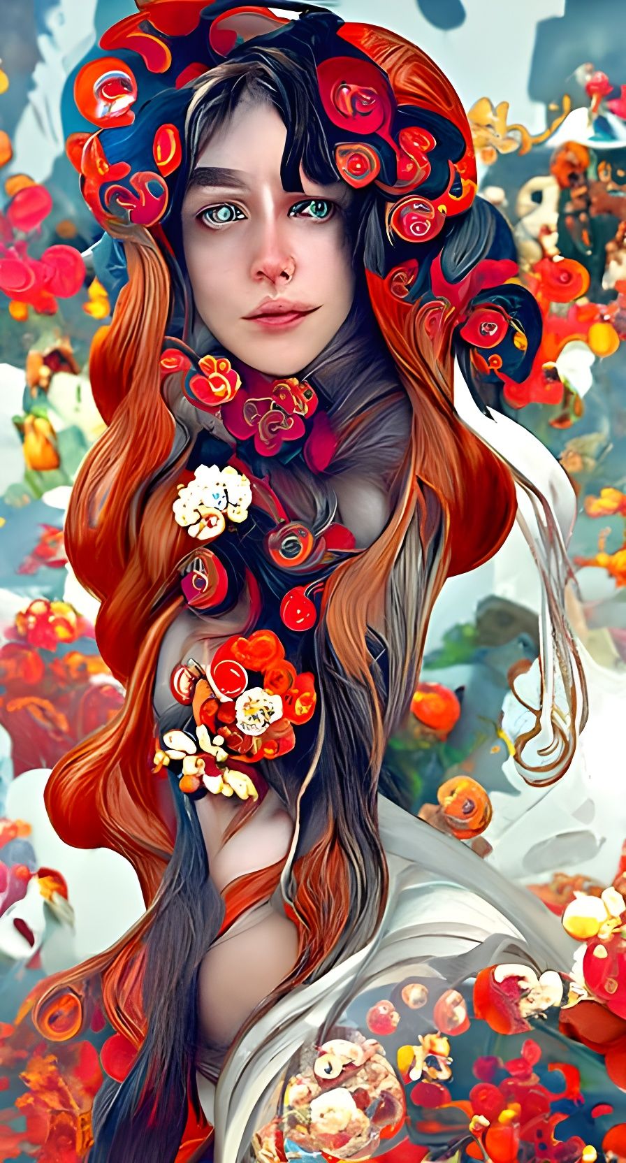 Floral Dreamscape: Art Nouveau Portrait in Vivid Colors