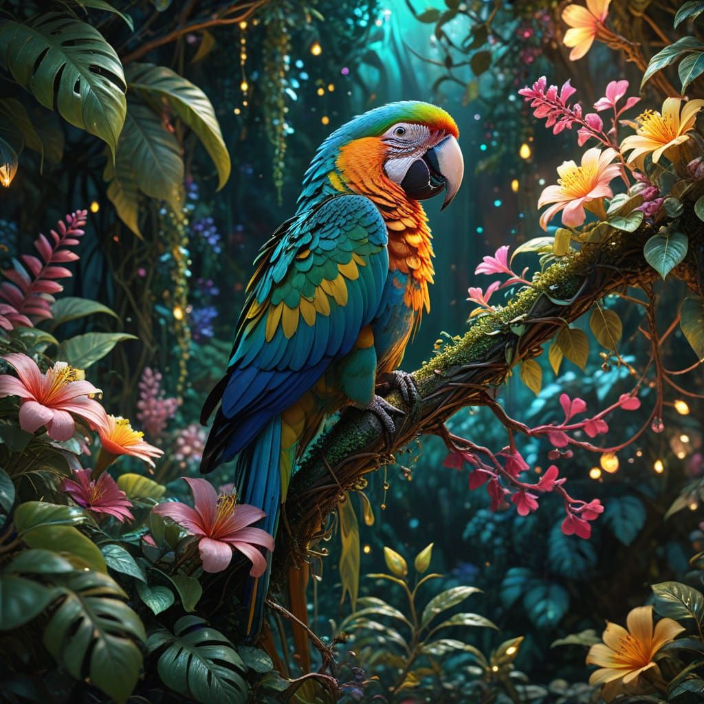 Macaw Amidst Whimsical Floral Fantasy