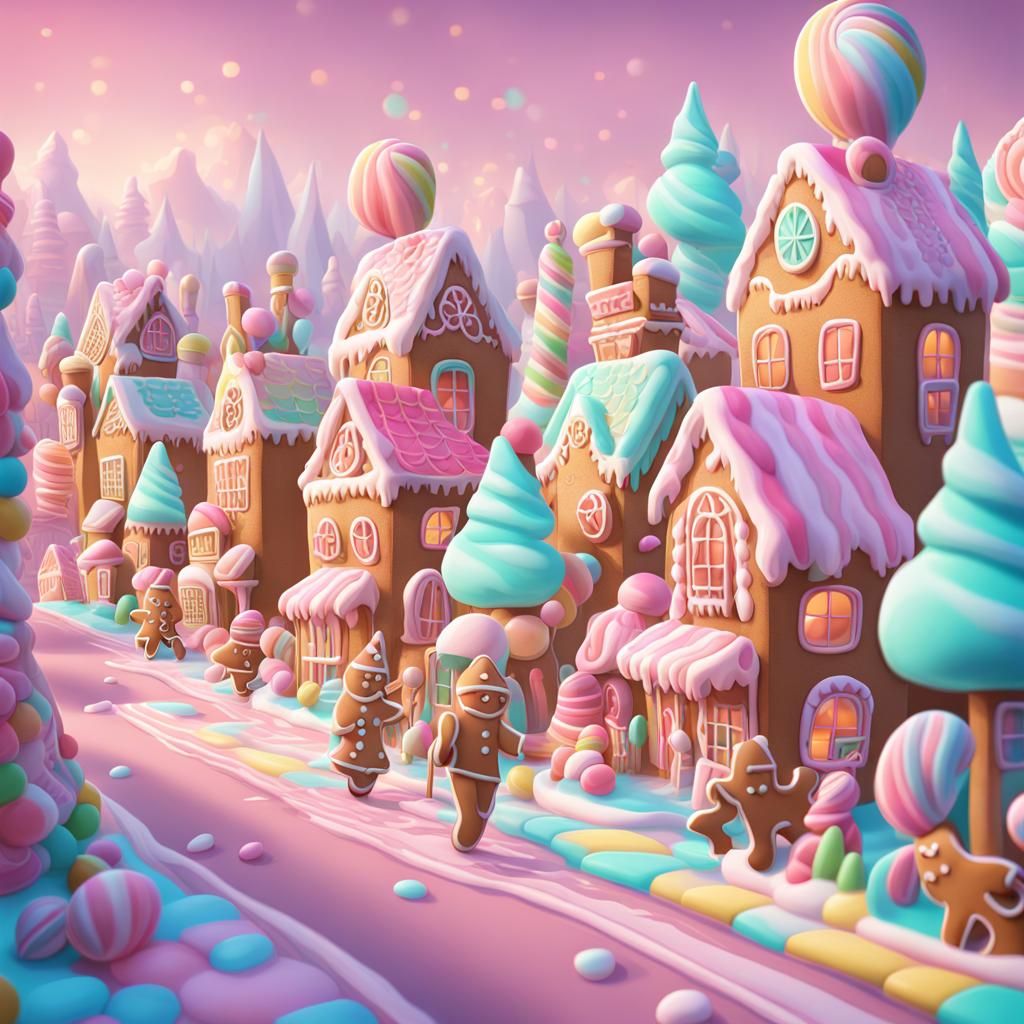 Colorful Candyland Gingerbread Town Digital Illustration