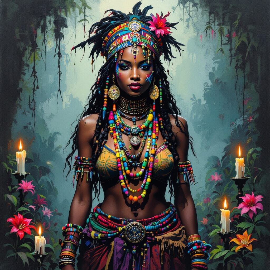 Mystical Voodoo Priestess in Basquiat-Giger Style
