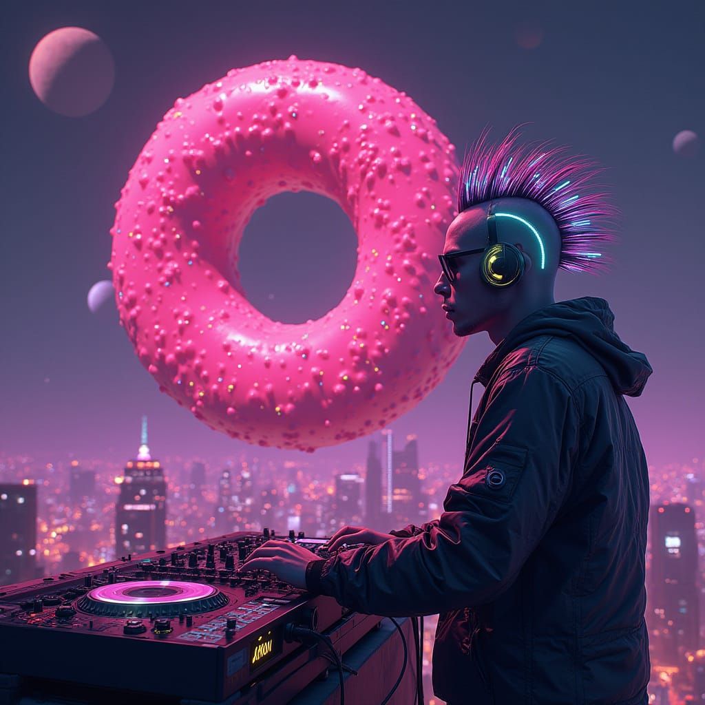 Cyberpunk Trickster Conjures Glitchy Neon Donut in Futuristi...