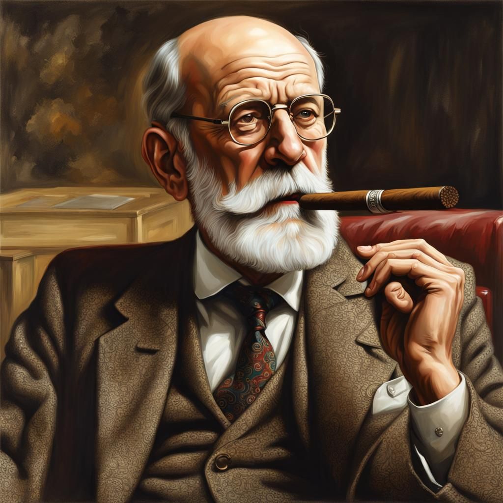 Sigmund Freud slipping on a cigar. Ultra-realism, 8k, colour explosion