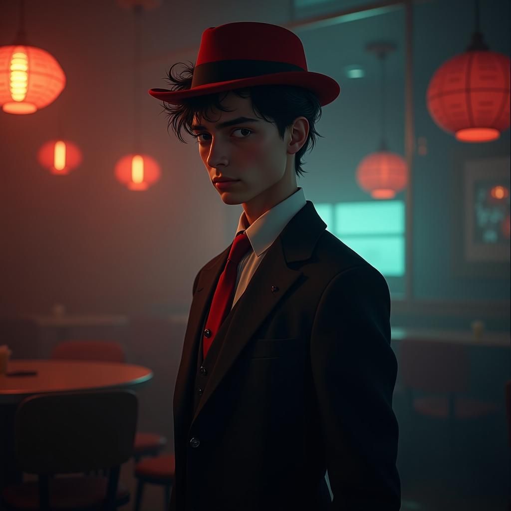 1950s Boy in Nightclub with Red Hunting Hat