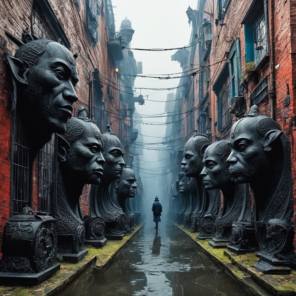 Majestic Sculptures Line Misty Alleyway in Whimsical Style