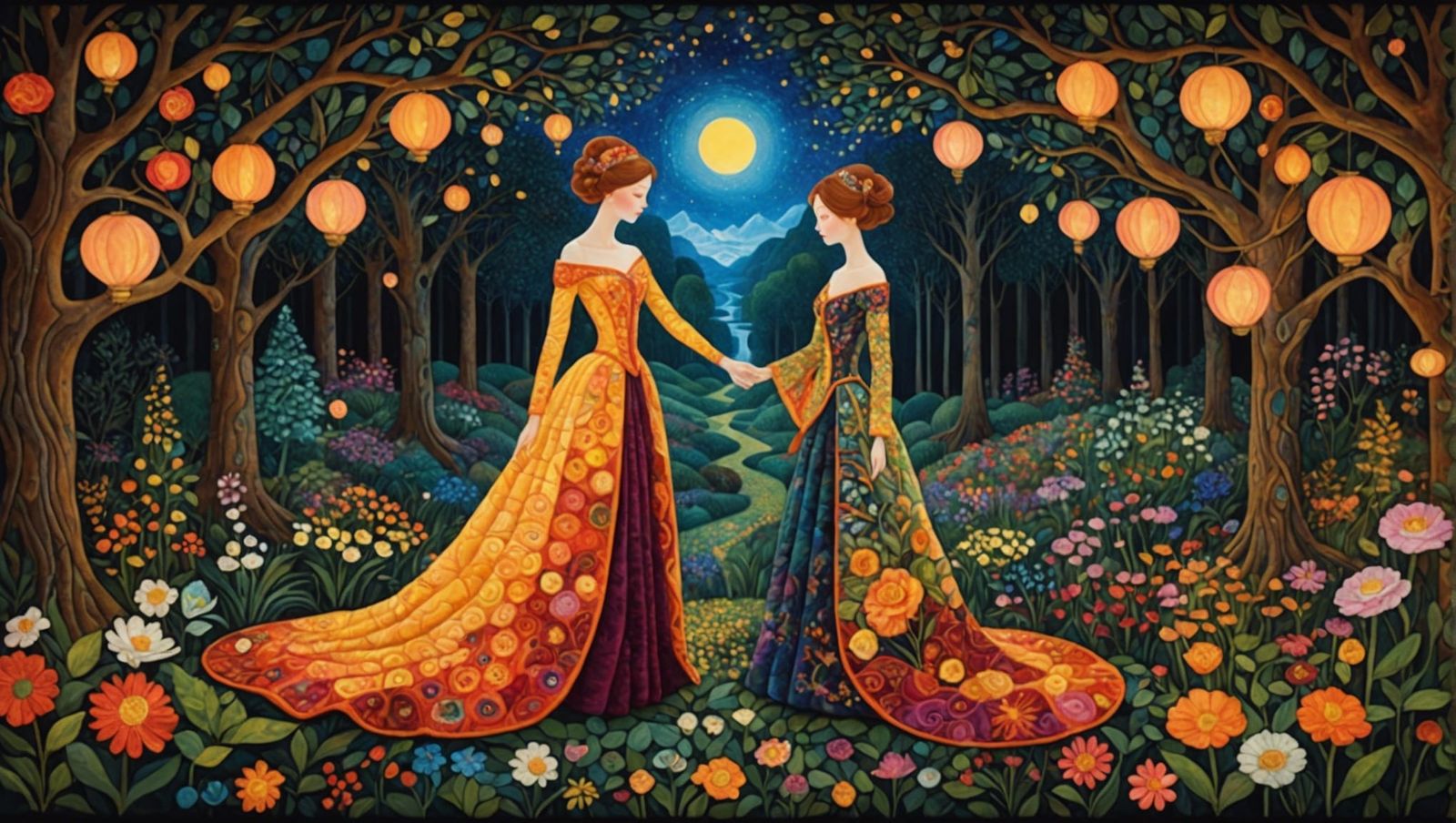 Sunset Hybrid in Quilted Enchanted Forest, Art Nouveau