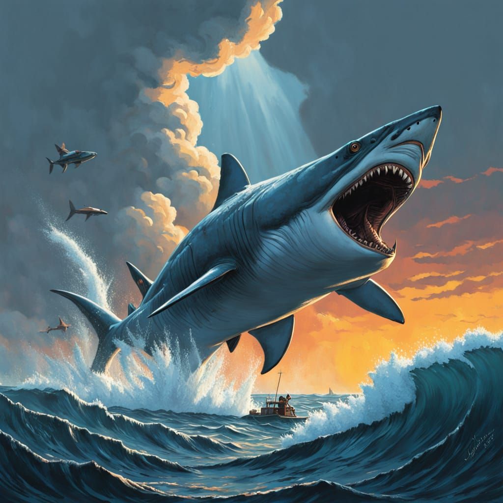 Megalodon Breaches the Surface in a Dark Blue Sea