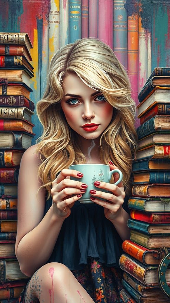 Elegant Bookworm in Vibrant Street Art Style