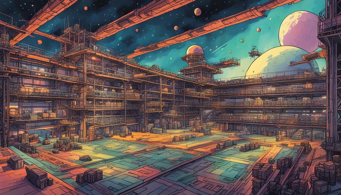 Giant Space Warehouse in Colored Ink Style