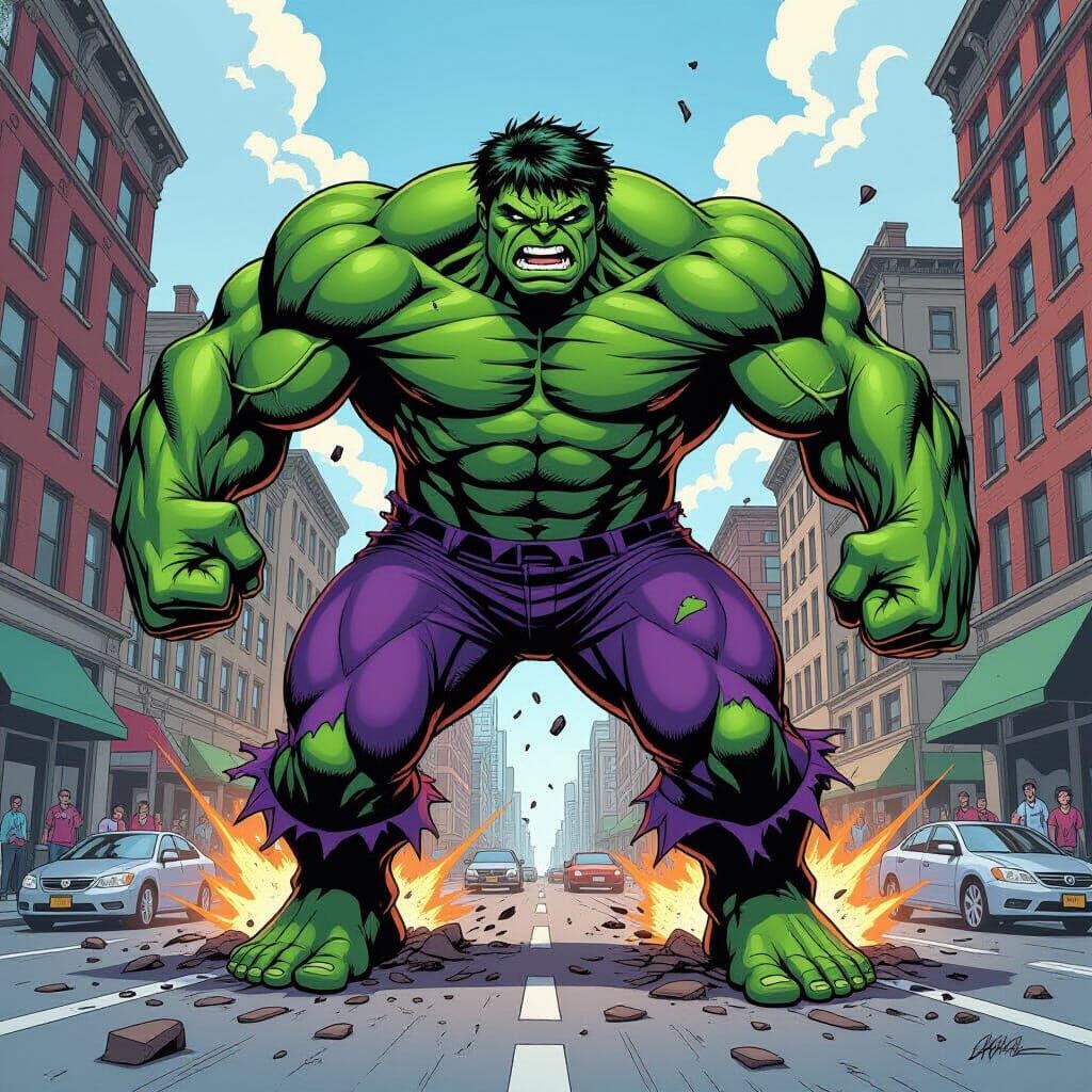 Hulk Smashing Through City, in Comic Book Style