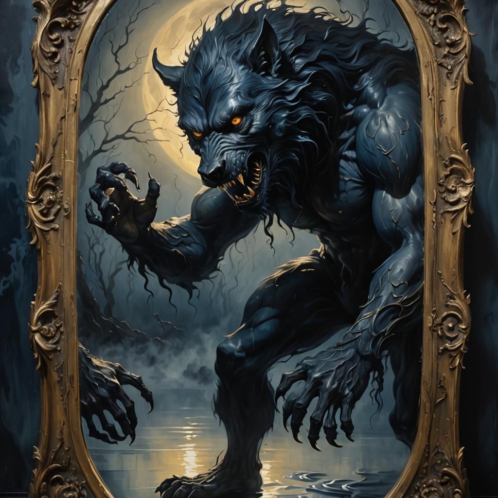 Werewolf Shadow's Surreal Mirror Fight in Oil Painting Style