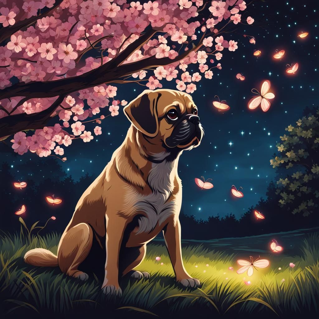 Puggle Dog Under Cherry Blossom Tree