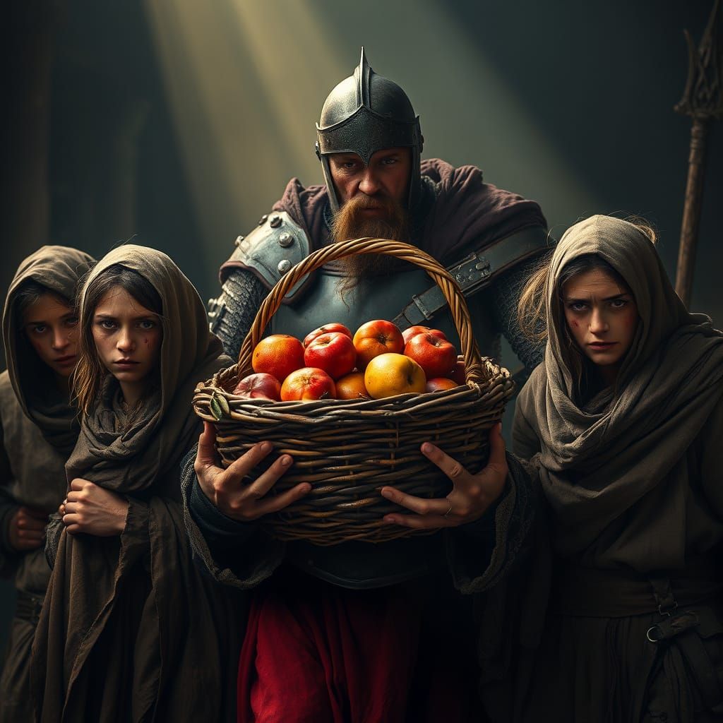 Desperate Peasants Confront a Weary Soldier in a Bleak, Medi...