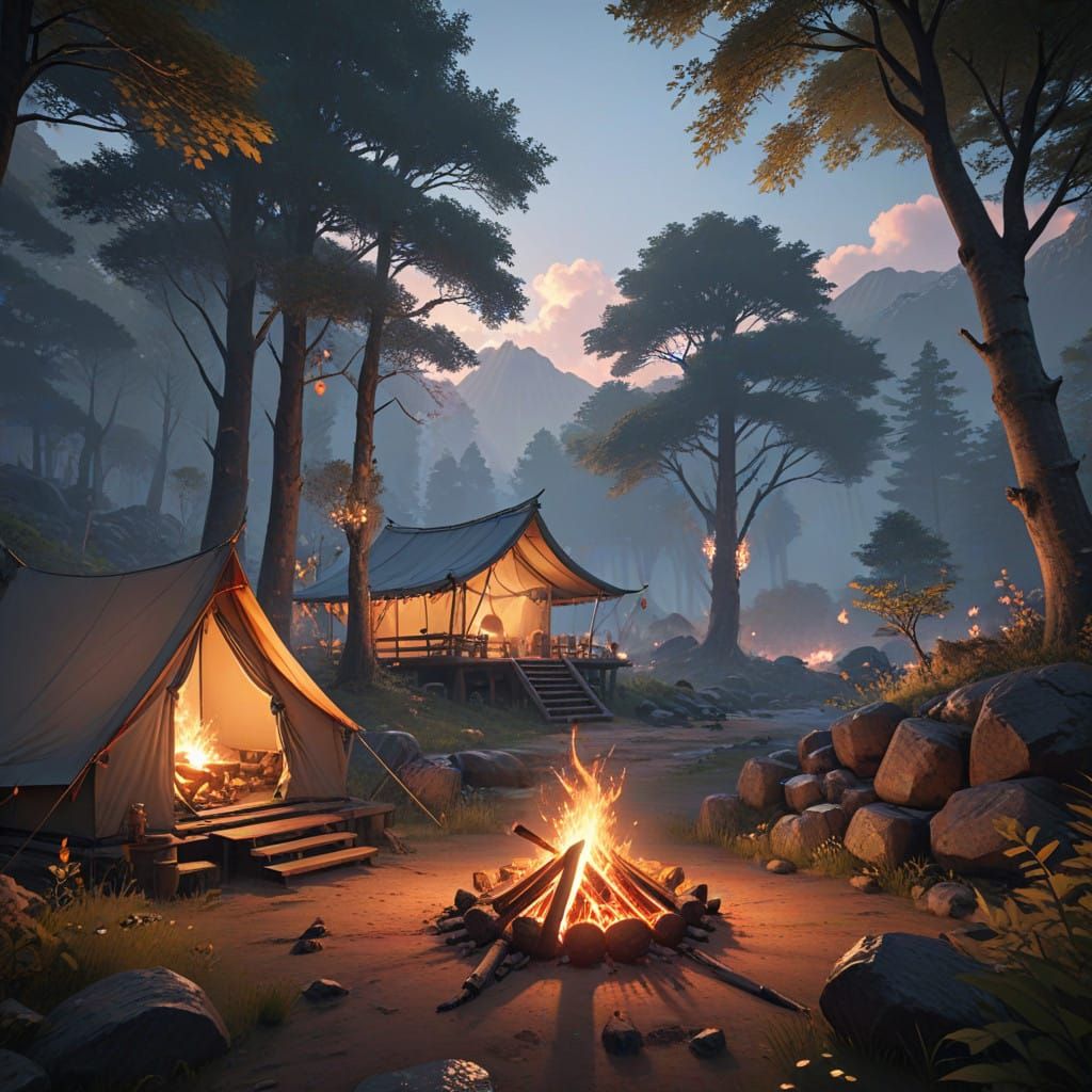 Serene Woodscape at Sunset with Campfire and Cozy Tent
