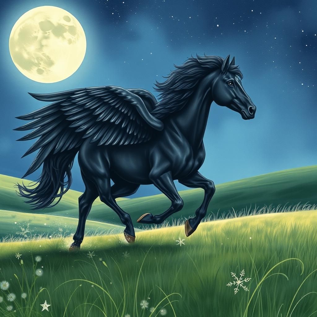 Winged Black Stallion Galloping Under Starry Sky