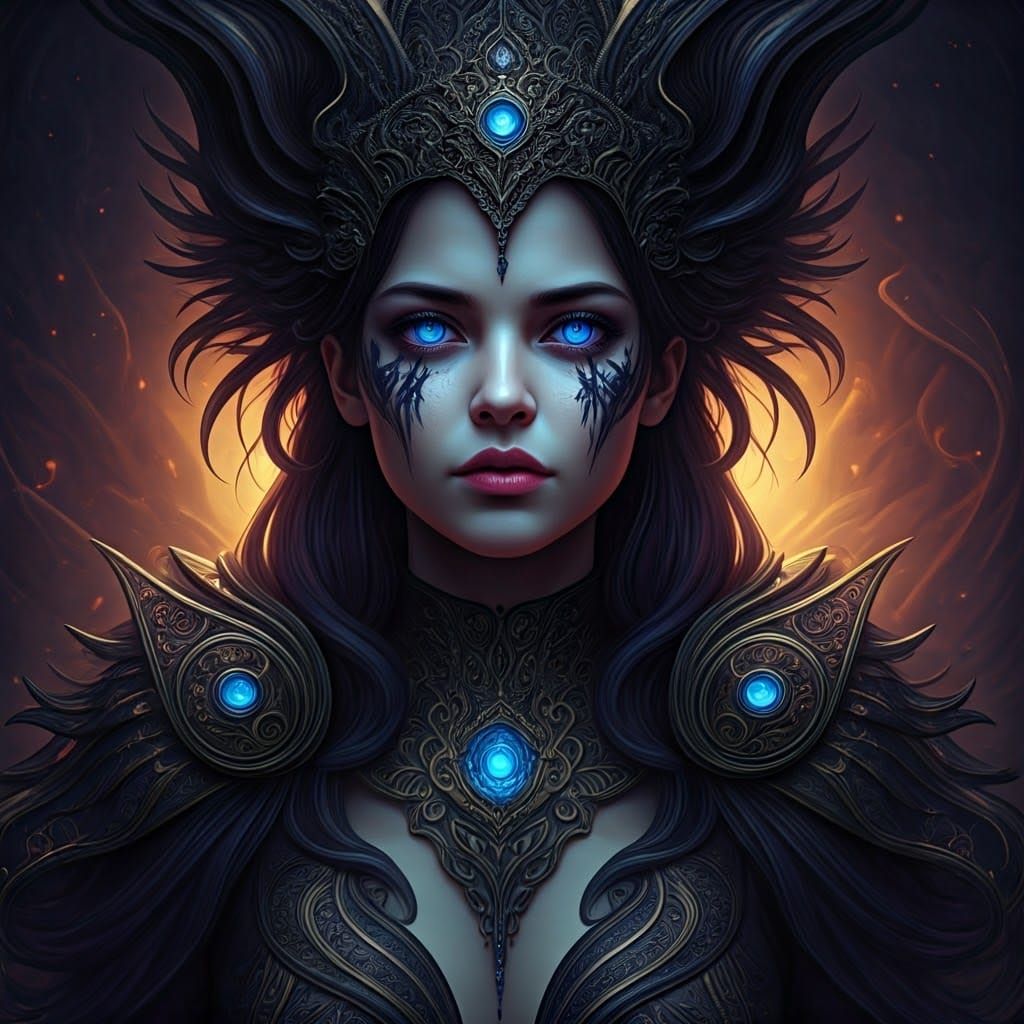 Mystical Blue-Eyed Woman in Dark Fantasy Art Nouveau