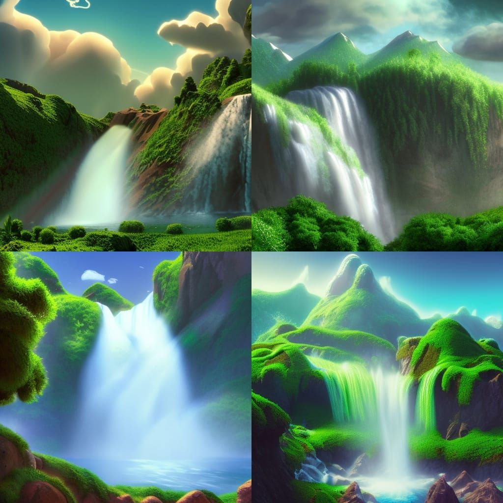 Lush Mountain Waterfall in Bright 3D Style
