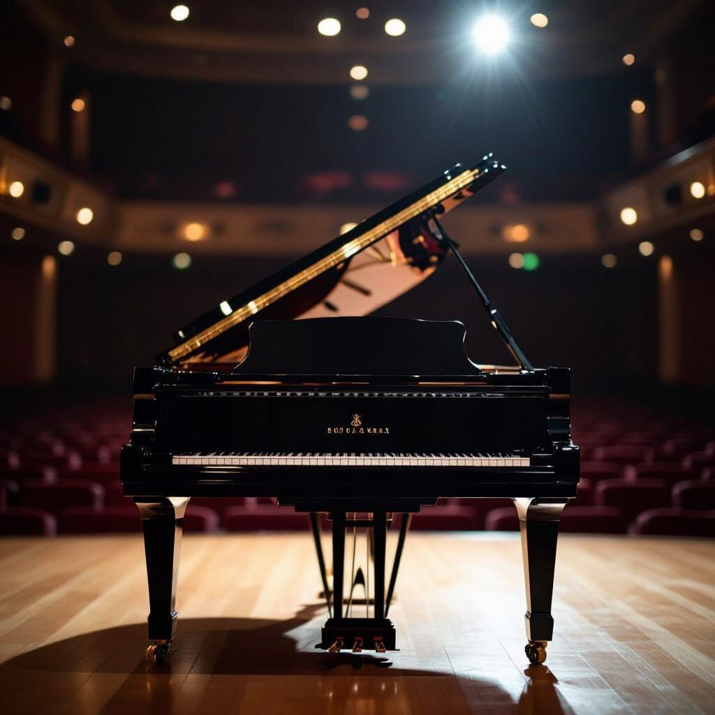 Grand Piano in Dark Concert Hall, Bokeh Effect