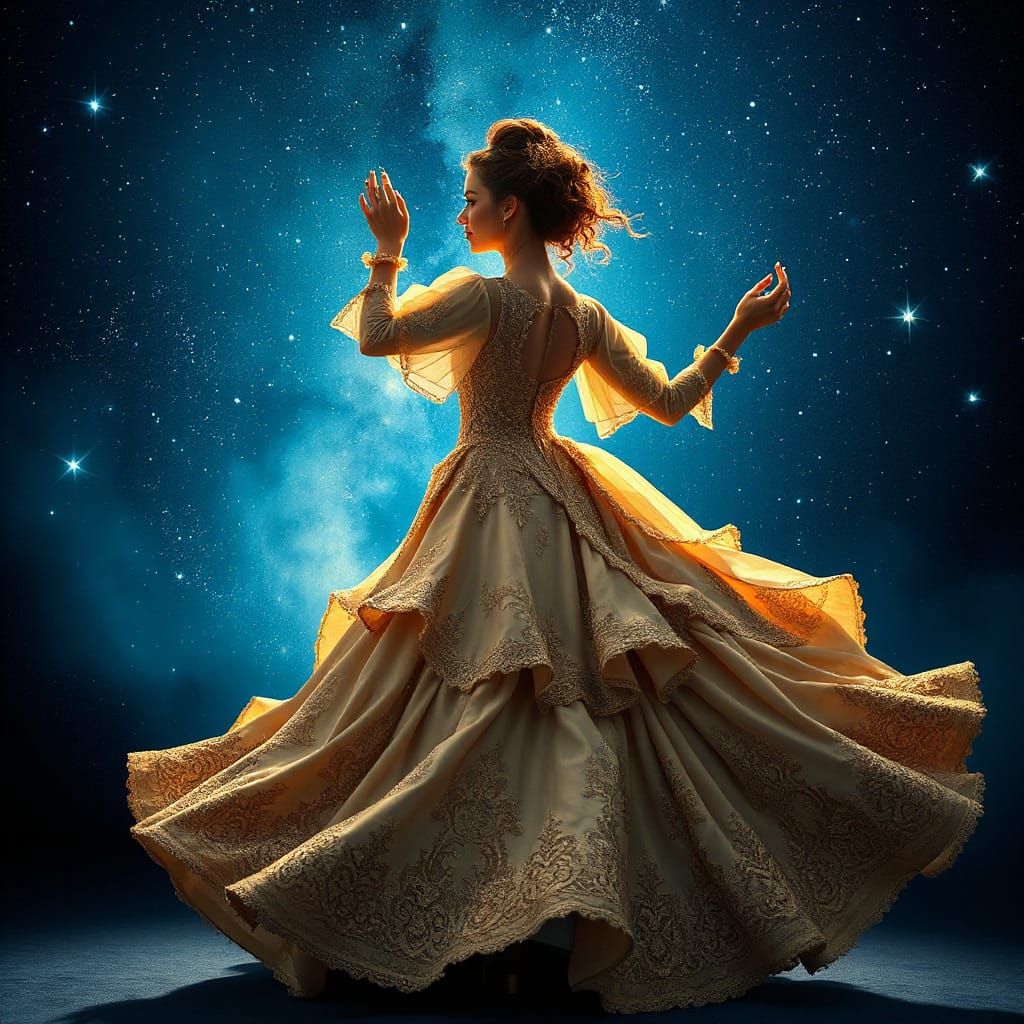 Regal Woman Dances Under Starry Night Sky in Whimsical Roman...