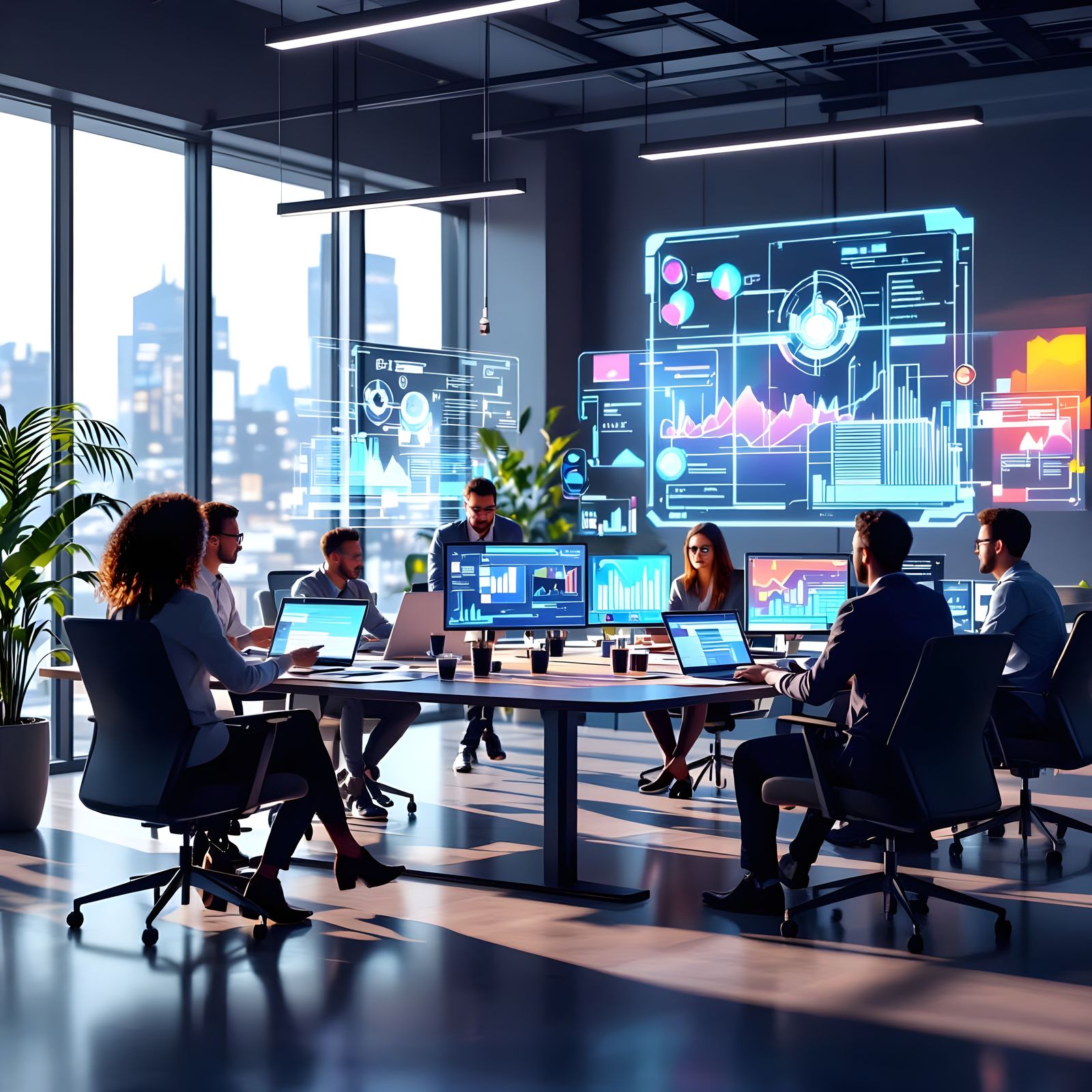 Modern Office with Holographic Screens in 4K