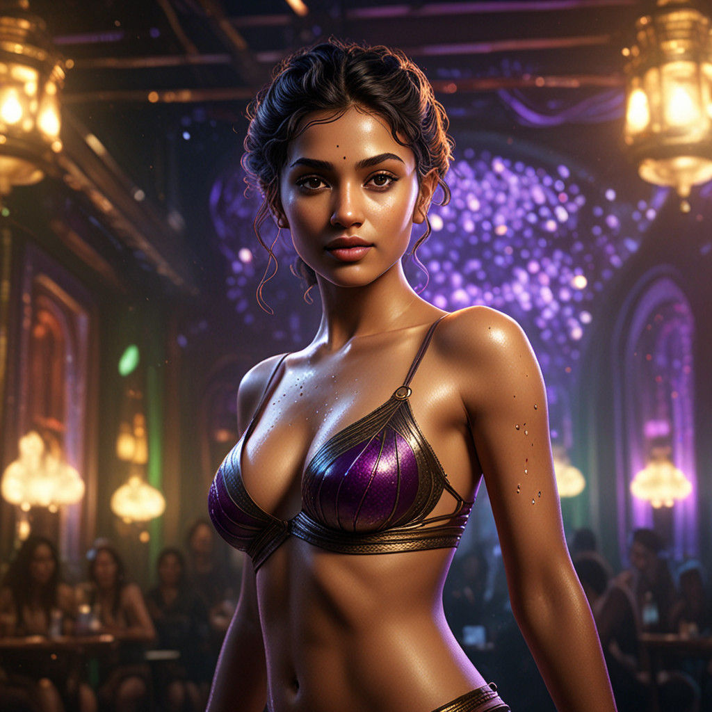 Hyperrealistic portrait of a beautiful Indian woman in the nightclub