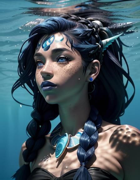 Underwater Blue Woman Portrait in Graffiti Art Style