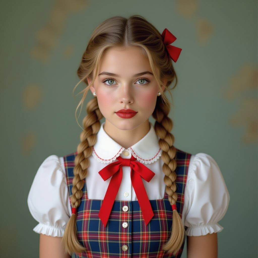Hyperrealistic Portrait of a Woman with Braided Pigtails