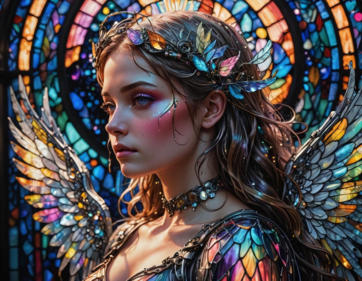 Moonlight Angel with Crystal Rainbow Wings in Biopunk Style