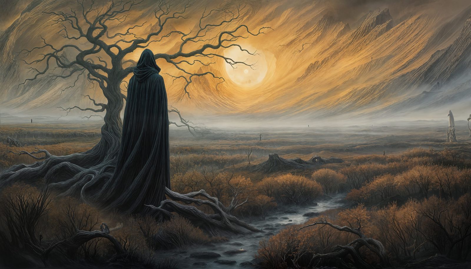 Misty Moor Silhouette in Dark Fantasy Style