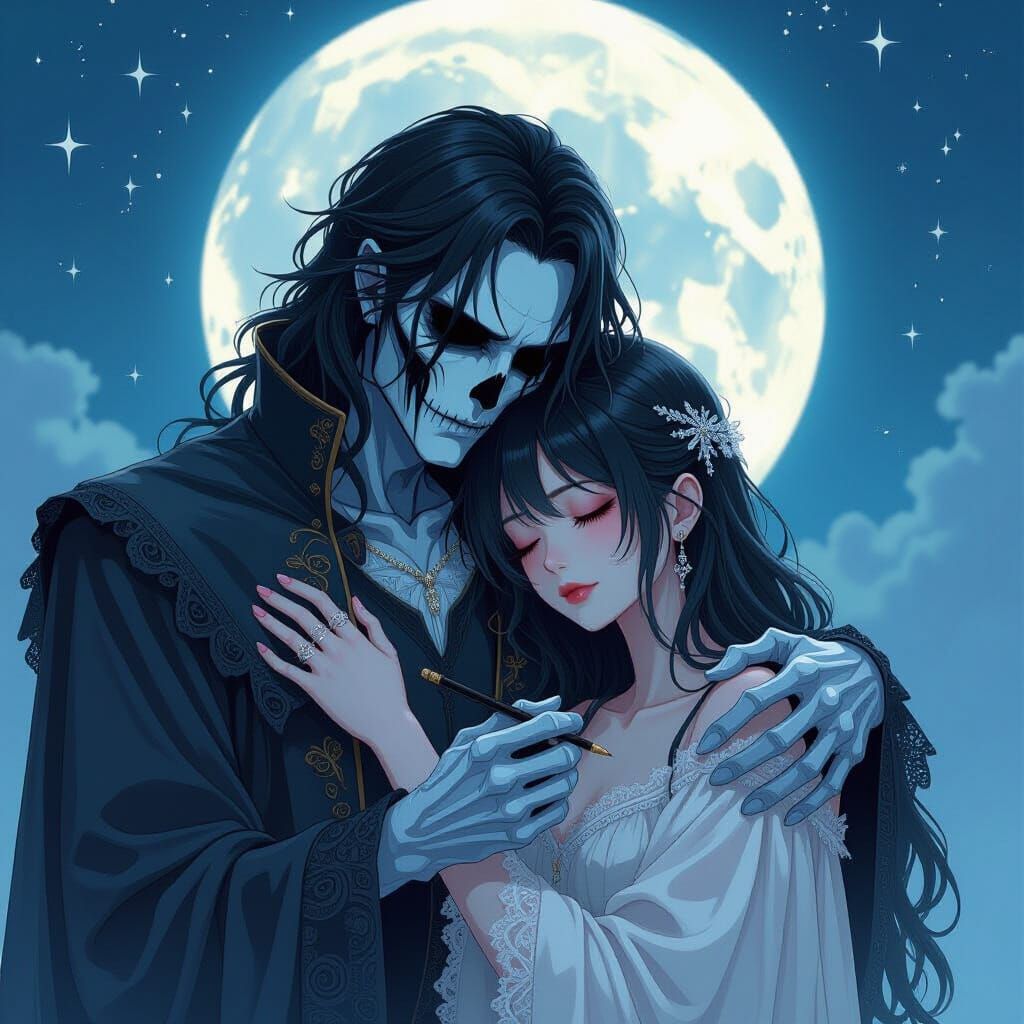 Undead Lover Embraces Hope Under Pale Moon
